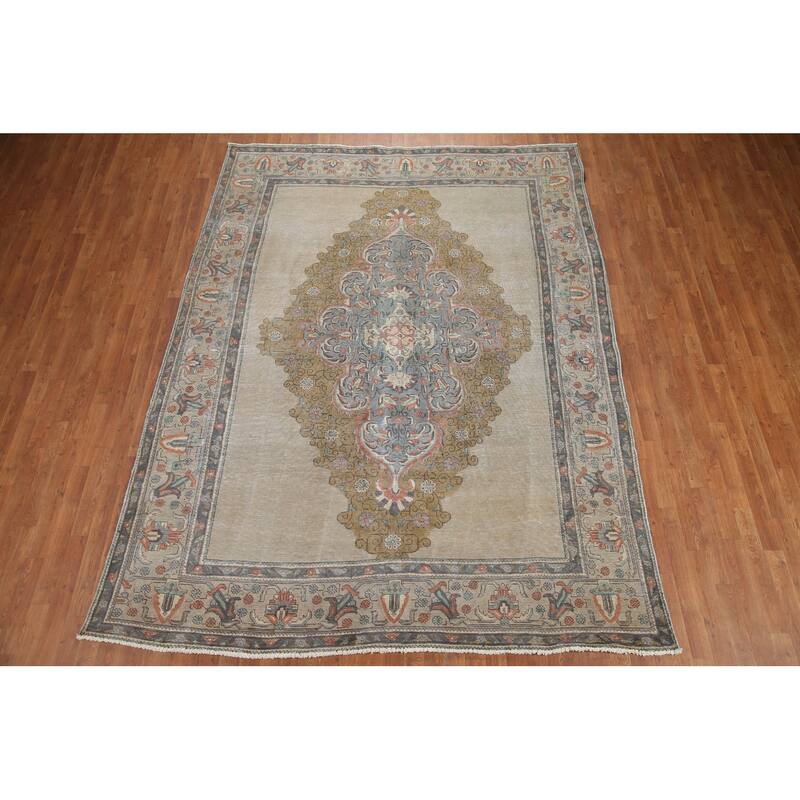 Hand Knotted Oriental 100% Wool Carpet Traditional Medallion Beige & Ivories Tabriz Area Rug - 10' 6'' X 7' 11''
