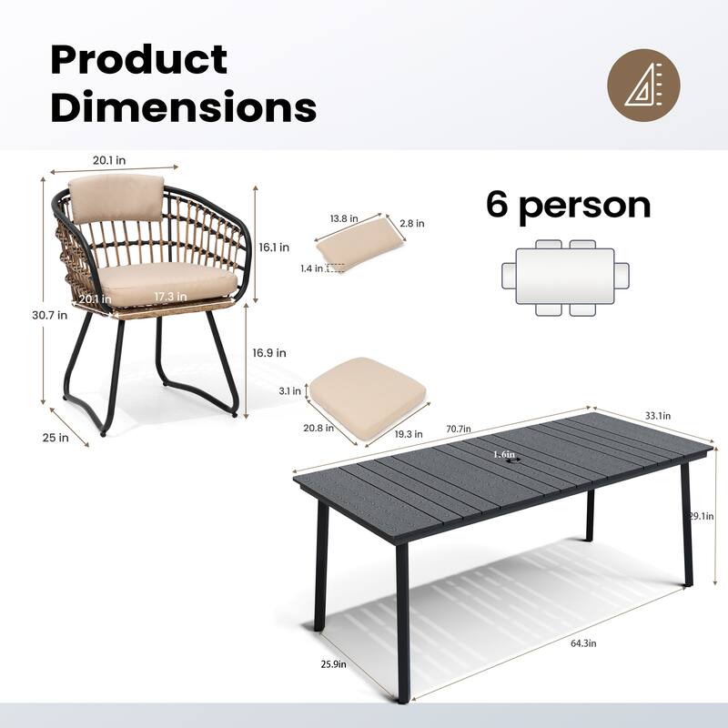 7PC Outdoor Patio Dining Set With Umbrella Hole Table Rattan Chairs