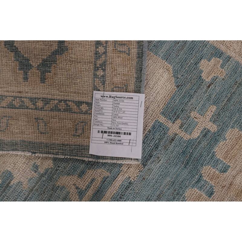 Teal Blue Vegetable Dye Oushak Turkish Rug Hand-Knotted Wool Carpet - 7'10" x 10'6"