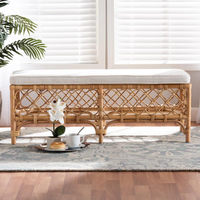 Orchard Bohemian Styled Upholstered Rattan Bench-White/Natural