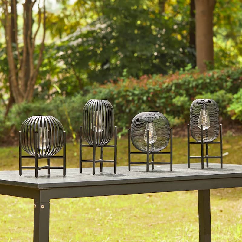 Glitzhome Set of 2 Outdoor Black Metal Striped Solar Lantern Floor Lamp