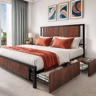 Queen Size Metal & Wood Platform Bed Frame with Storage Drawers - Bed ...