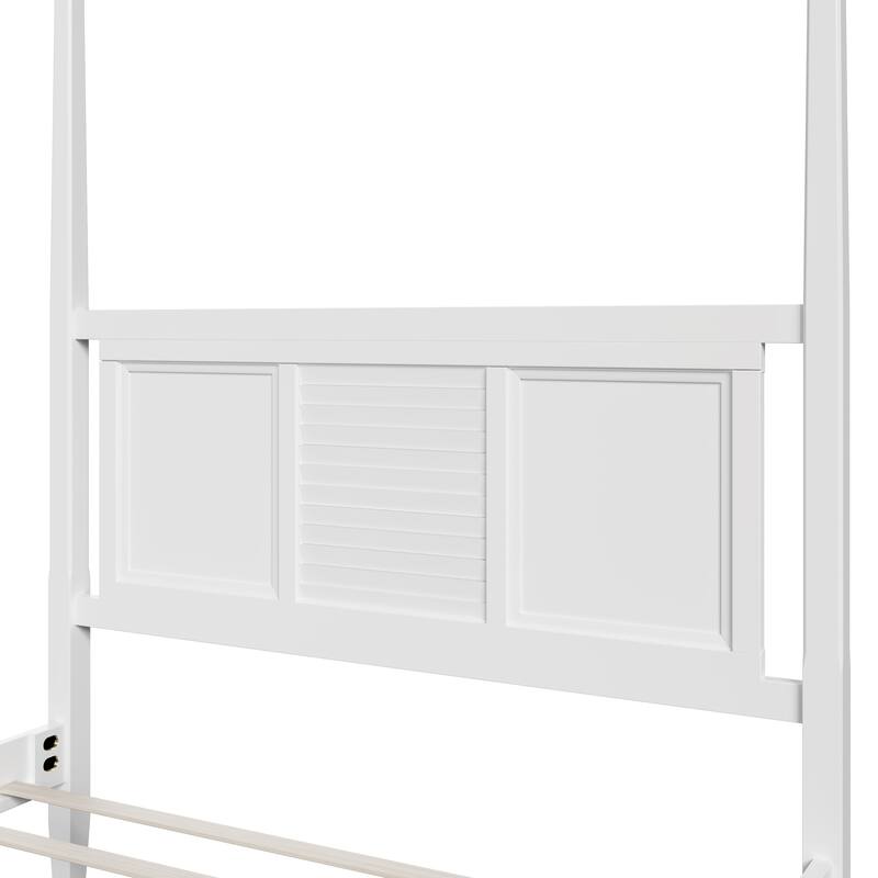Elegant White Queen Four Poster Bed with Solid Pine Wood, 75" Height and Horizontal Grille Design