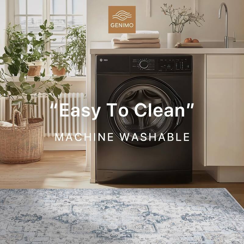 Mcow Neutral Floral Low Pile Machine Washable Non-Slip Area Rug