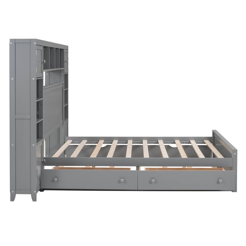 Full Size Wooden Bed with Built-in Cabinet, Shelf, and Outlets, Twin Trundle, Gray