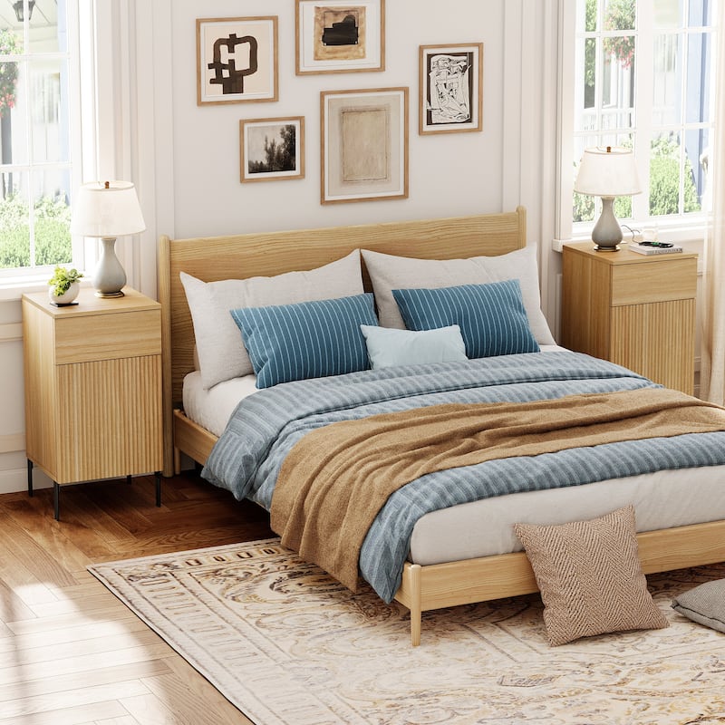 Modern Minimalist Nightstand Set Of 2 With Built-In Outlets, Reed Pattern Design