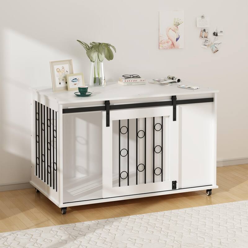 39.37" Wooden Dog Crate Furniture with Sliding Barn Door and Side Door, Indoor Dog Kennel End Table for Small to Medium Dogs