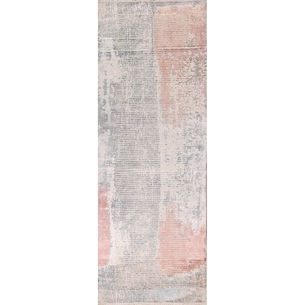 Striped Abstract Indian Runner Rug Hand-Knotted Wool Carpet - 2'7"x 9'7"