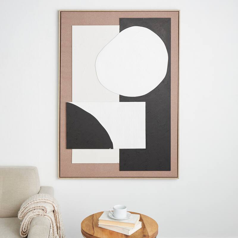 Brown Wood Textured Geometric Framed Wall Art with Abstract Black and White Shapes and Fabric Backing - 41"W, 57"H