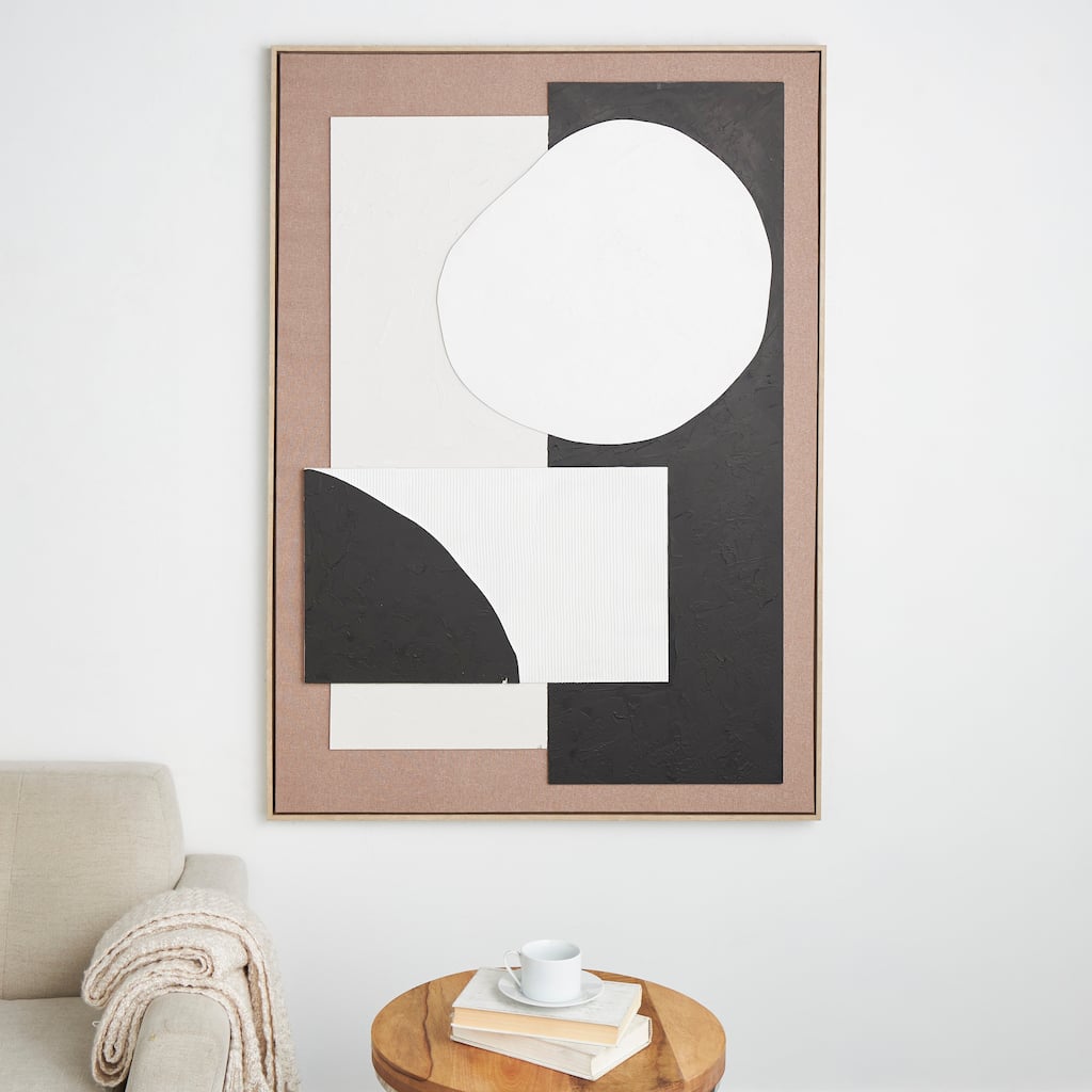 Brown Wood Textured Geometric Framed Wall Art with Abstract Black and White Shapes and Fabric Backing