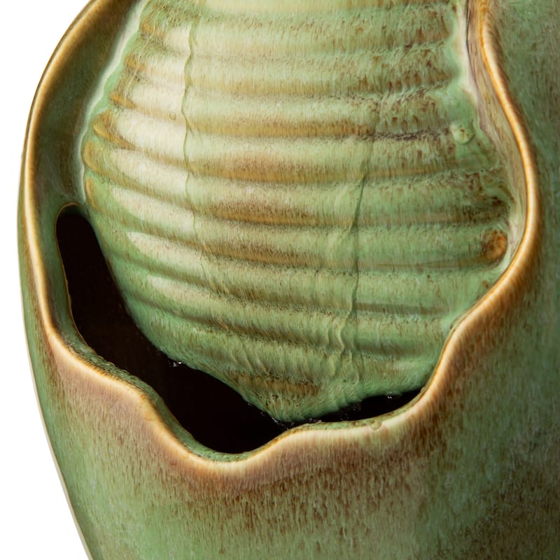 Glitzhome 9"H Leaf Textured Ceramic Jar Indoor Tabletop Water Fountain with LED Lights