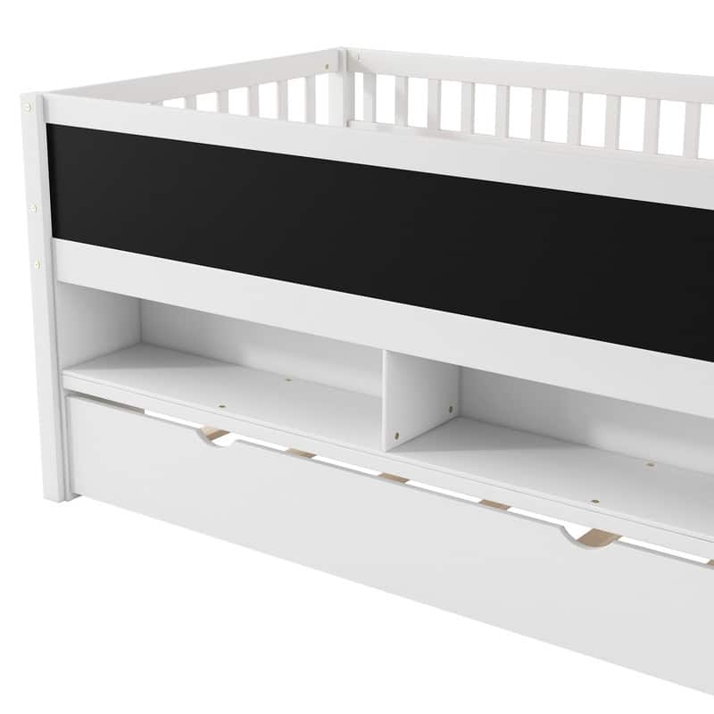Twin Size Wood Low Loft Bed with Storage Shelves, Blackboard and Trundle