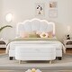 Full Size Upholstered Flower-Shape Bed with LED Light Strip & Ottoman,Sherpa Fabric Platform Bed with Wooden Slats Support,White