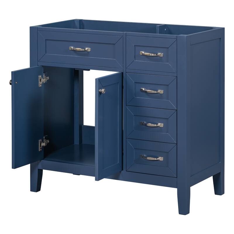 36" Modern White Bathroom Vanity Cabinet Base, 2 Doors & 3 Drawers, Solid Rubber Wood & MDF