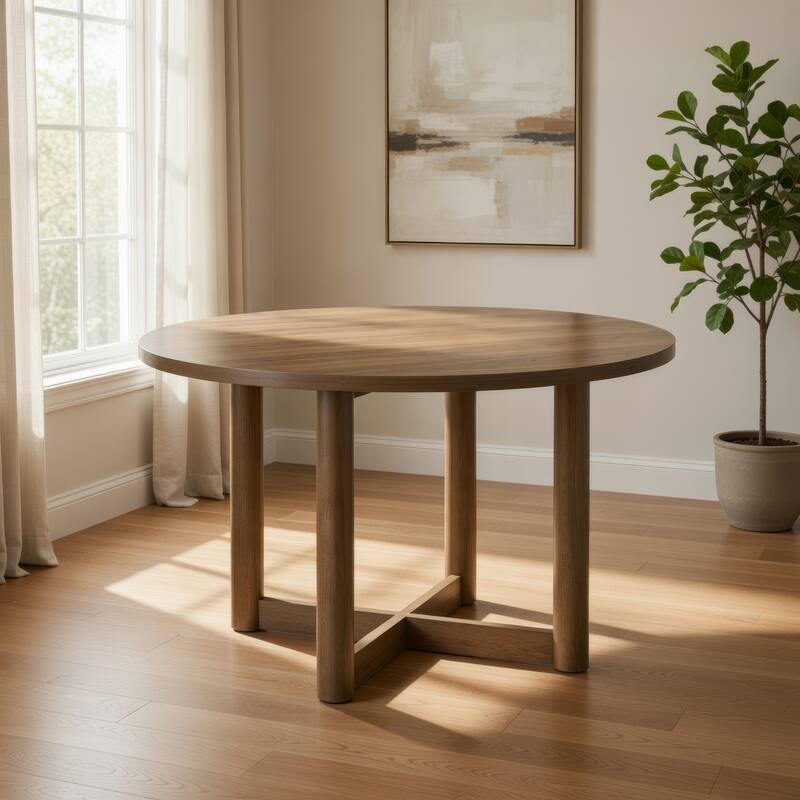Billie Dining Table, Brown Wood Frame, Cross Legs, Round 46 Inch