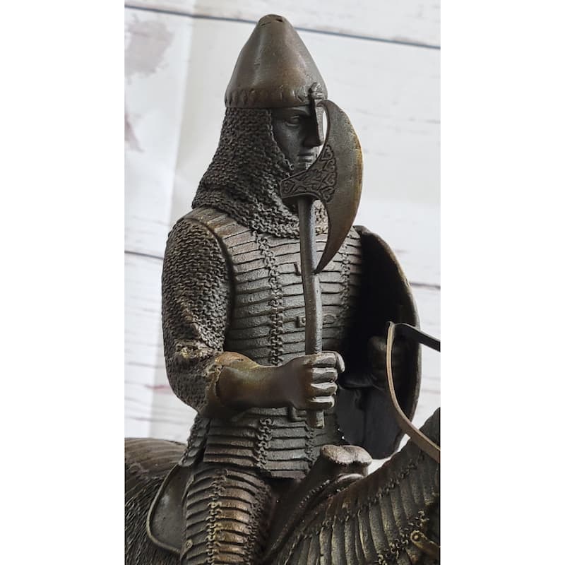 Medieval European Warrior Knight On Horseback Bronze Sculpture Statue On Marble Base