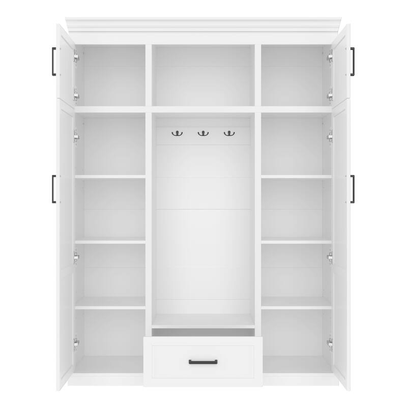 85 Inch Tall MDF Hall Tree with Bench, Entryway Storage Organizer with 4 Doors, 5 Drawers and Adjustable Shelves