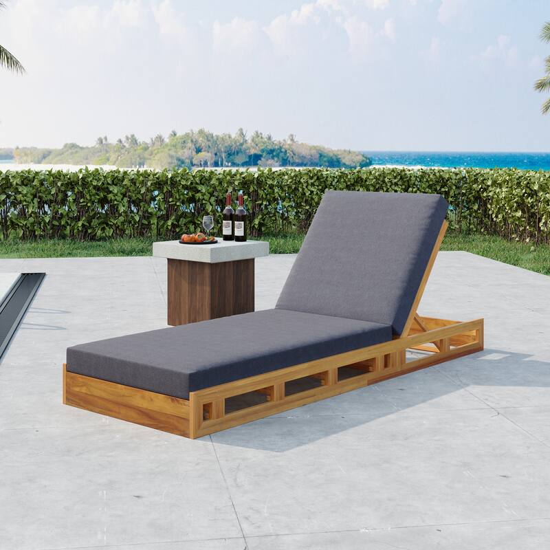 Roomfitters Outdoor Acacia Wood Chaise Lounge with 4 Inch Thick Water-Resistant Cushions Teak Finish