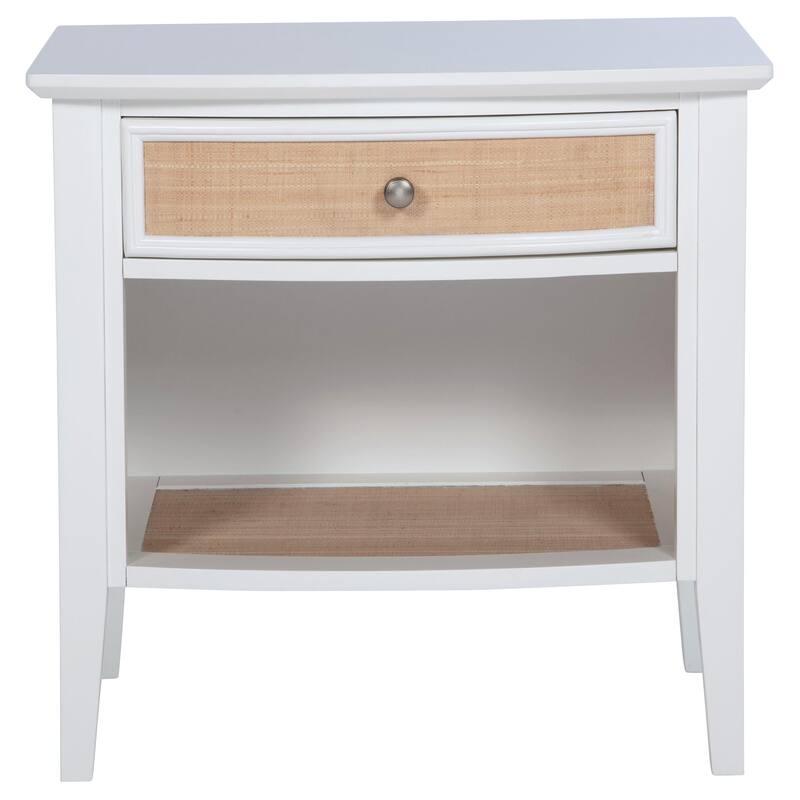 Heo Nightstand, 1 Brown Rattan Woven Drawer, Open Shelf, White Wood