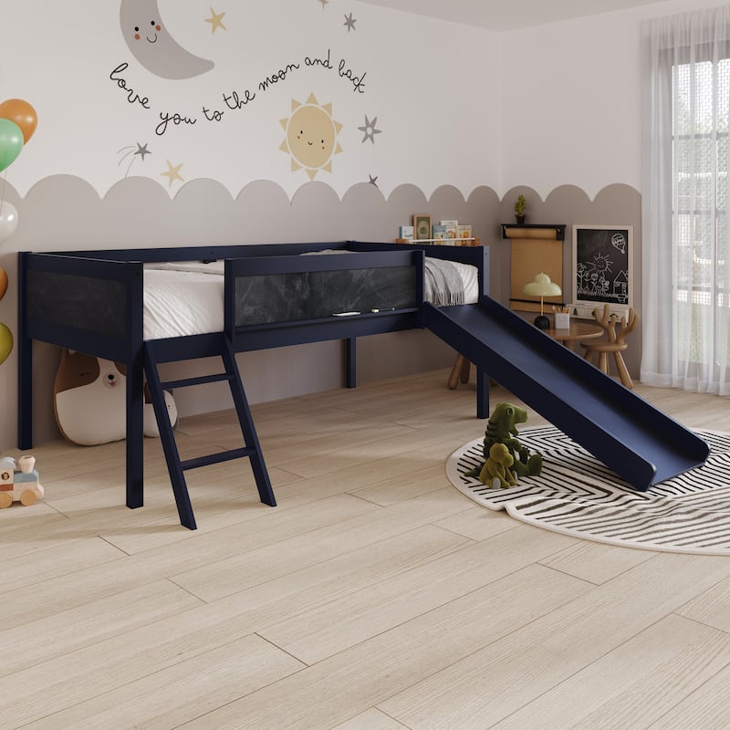 CraftPorch Classic Twin Low Loft Bed with Chalkboard, Slide and Ladder