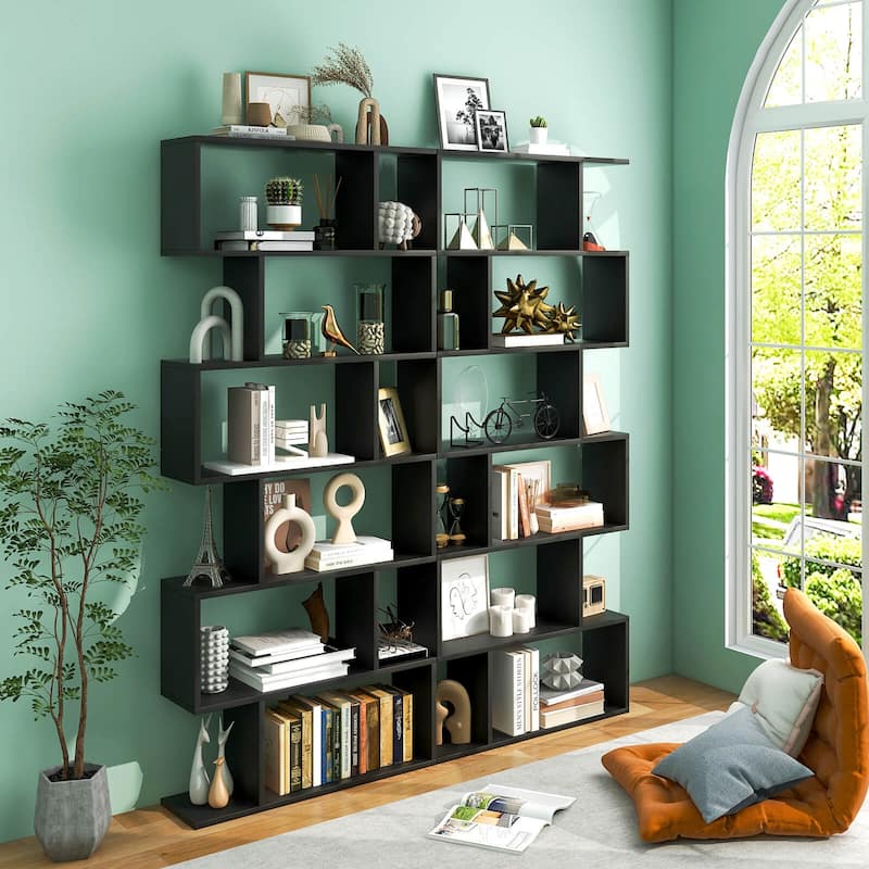 S-Shaped 6-Tier Freestanding Bookshelf with Open Storage Shelves for Living Room or Bedroom