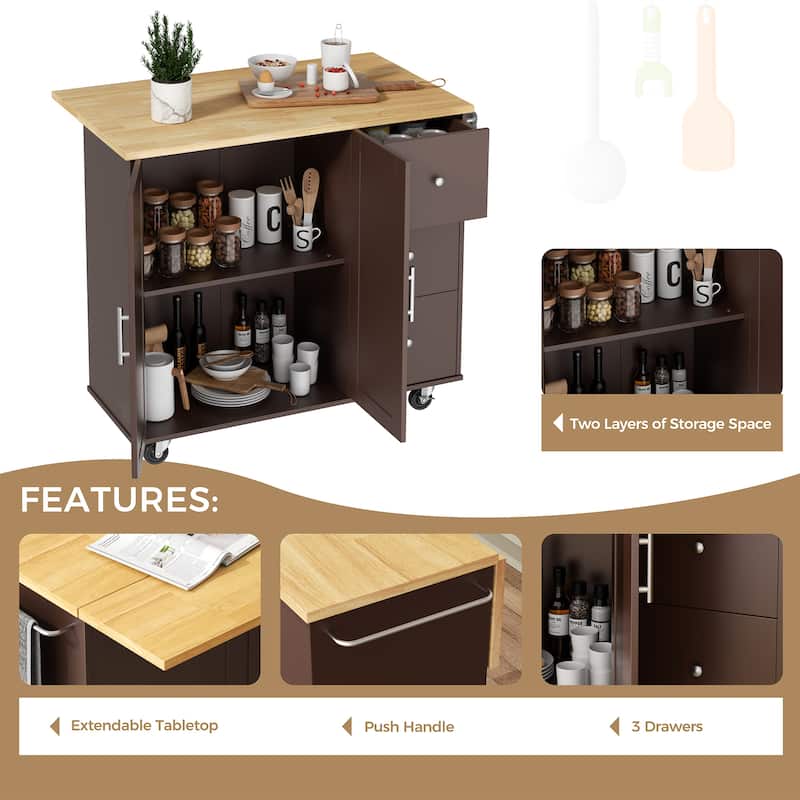 Rolling Kitchen Island with Storage Cabinet & 3 Drawers – Mobile Storage Cart with Extendable Countertop for Small Spaces