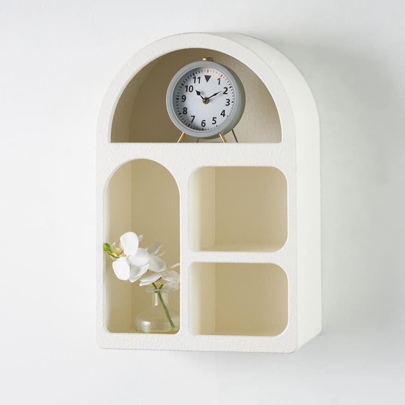 Wooden Geometric Arched 4 Shelf Room Wall Shelf with Varying Block Shapes - Cream or Black - Roche River Decor