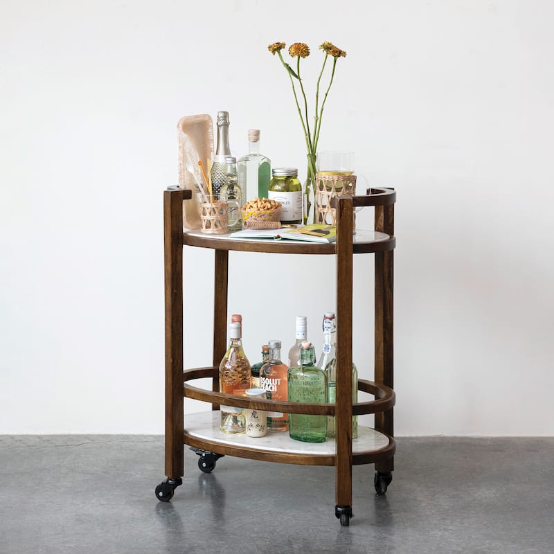 Mango Wood and Marble 2-Tier Bar Cart - 25.5"L x 14.0"W x 33.5"H - Wood - Brown