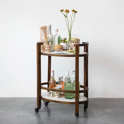 Mango Wood and Marble 2-Tier Bar Cart - 25.5"L x 14.0"W x 33.5"H