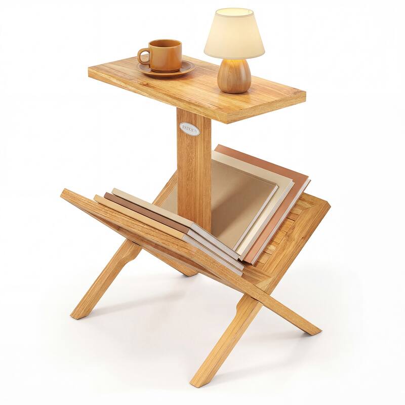 Gymax 2-Tier Bookshelf Small Bookcase w/ Teak Wood Frame & Anti-Slip - Natural