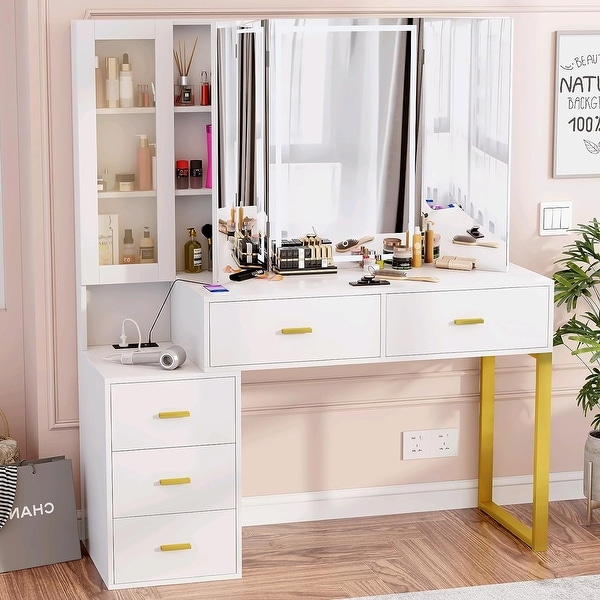 Modern Makeup Vanity, Dressing Table Set with 4 Drawer, PU Leather, Side  Cabinet, Mirror & Stool - On Sale - Bed Bath & Beyond - 36189183