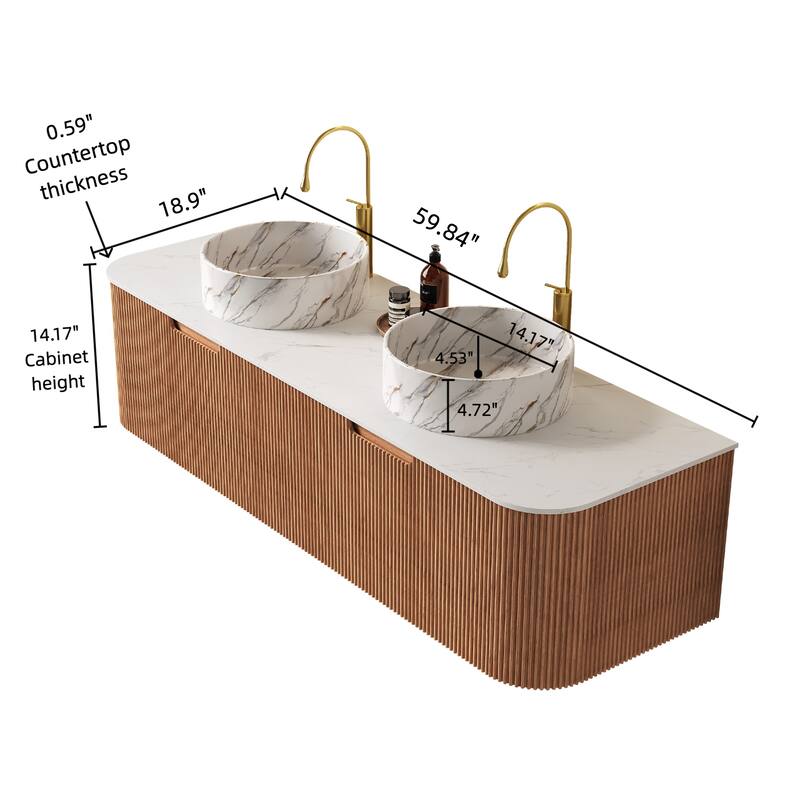 GDFStudio - Dina 60" Curved Edges Striped Bathroom Vanity with 2 White Stone Ceramic Basins, 2 Drawers, NO Faucet