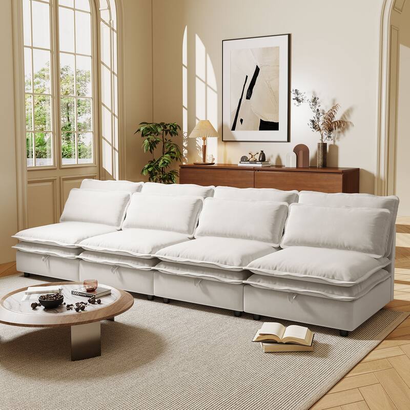 Double-Layer Cushion Modular 4-Seater Sofa with Storage, Beige Polyester