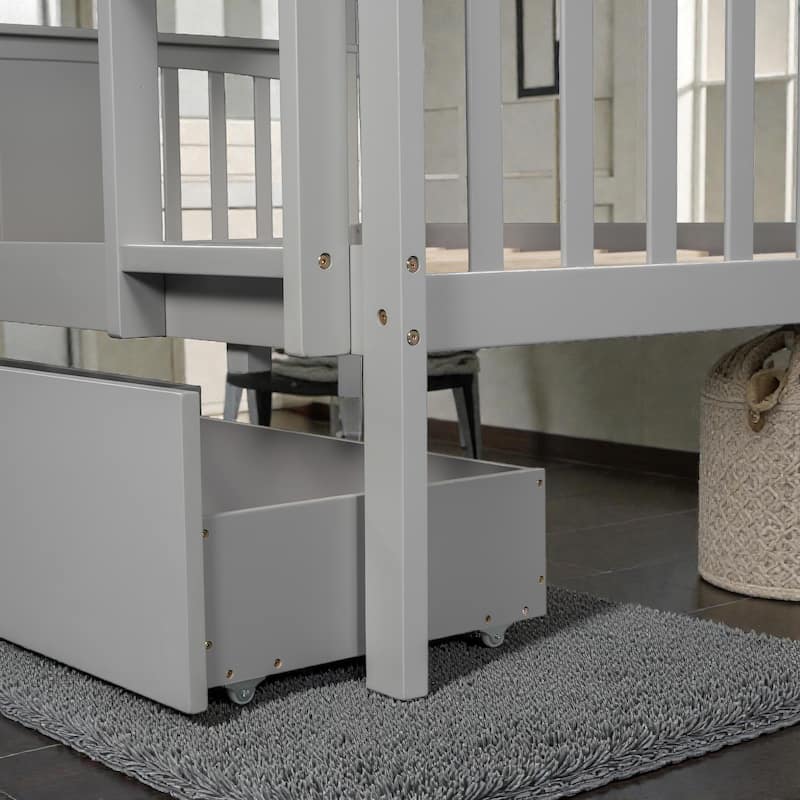 Full over Full Bunk Bed with Drawers and Ladder, Solid Wood Bunk Frame with Storage for Bedrooms and Guest Rooms