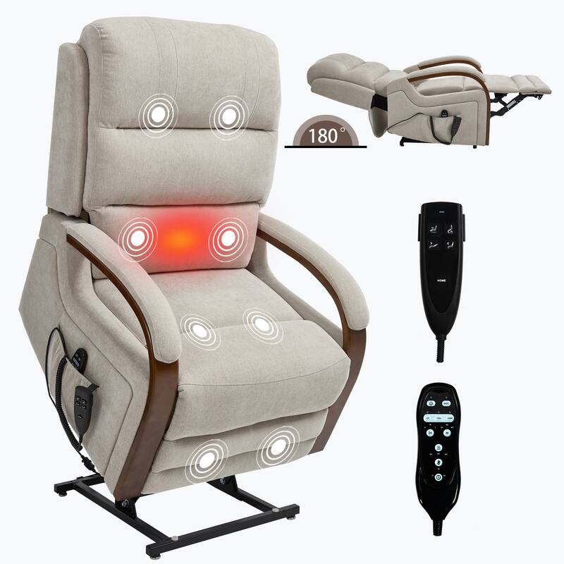 Roomfitters Dual Motor Power Lift Recliner, Infinite Position Massage Chair with Solid Wood Armrests, Chenille