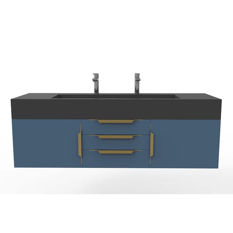 Nile 60" Wall Mounted Bathroom Vanity Set w/ Black Top - Blue - Gold Finish
