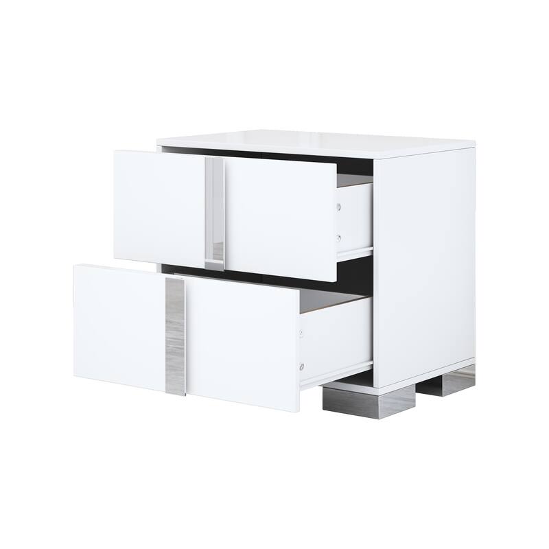 Elegant White Nightstand with Metal Foot and 2 Drawers for Bedroom or Living Room