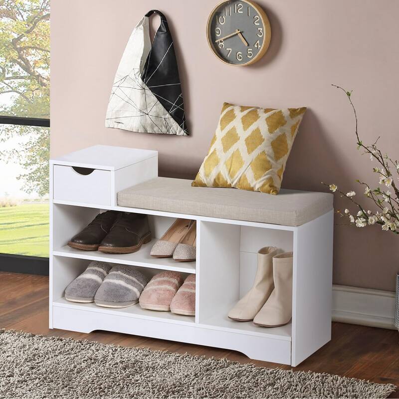 Shoe Bench with Cushion and 3 Compartments, Entryway Freestanding