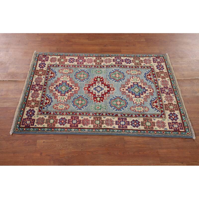 Light Blue Kazak Accent Rug Hand-Knotted Bedroom Wool Carpet - 2'7" x 3'10"