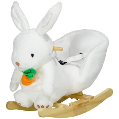 Children’s Bunny Rocking Ride-On with Plush Velvet Body and Sturdy Wood Base Foot Pedals - 23.5" L x 13" W x 19.75" H