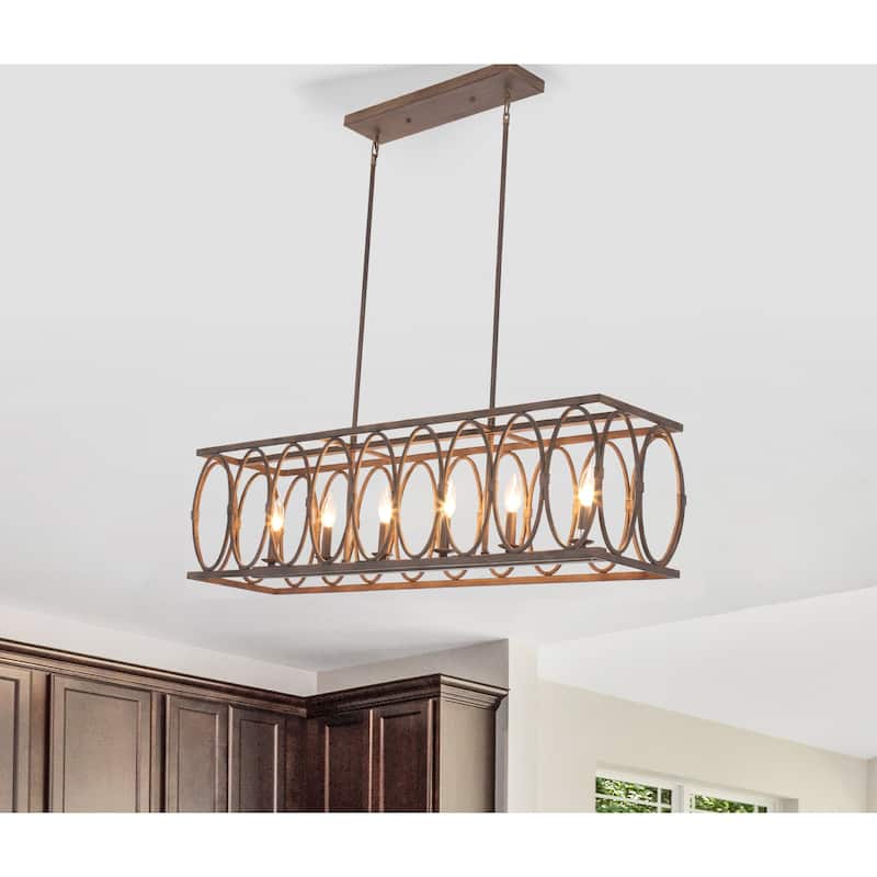 6-light Antique Wood Linear Chandelier/ Island Fixture