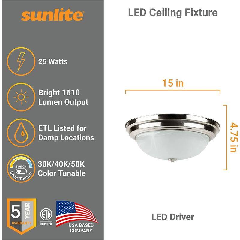 Sunlite 15 in. Brushed Nickel Dome Dimmable Selectable LED CCT Color Tunable 3000K 4000K 5000K Flush Mount Lighting Fixture
