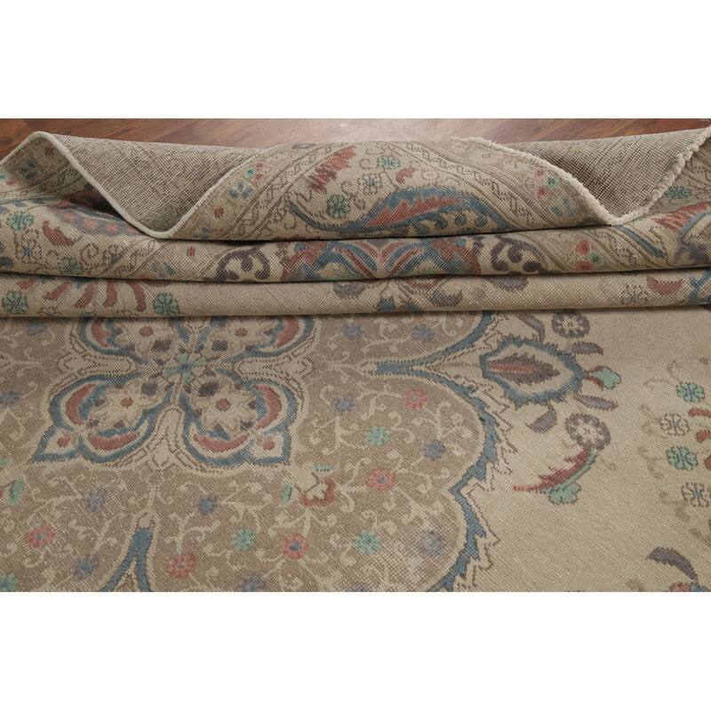 Medallion Tabriz Persian Area Rug Beige Hand-Knotted Wool Carpet - 9'5"x 12'3"