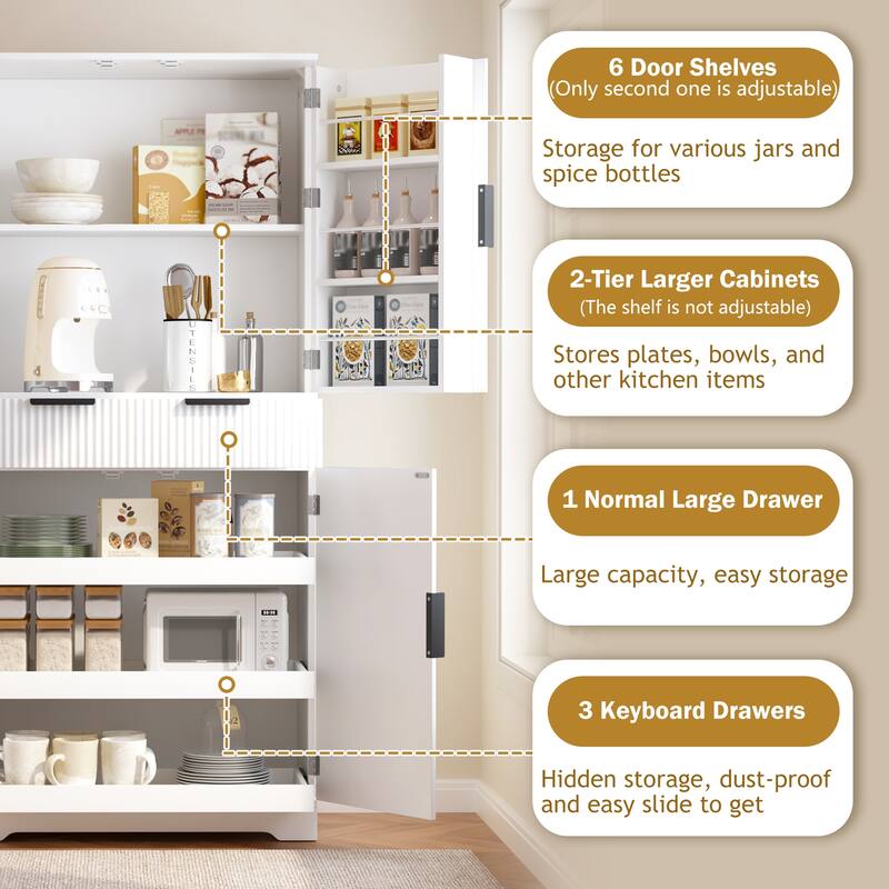 Fluted Kitchen Pantry Cabinet, Freestanding Buffet Cabinet, Storage Cabinet with 3 Keyboard Drawers & 6 Adjustable Door Shelves