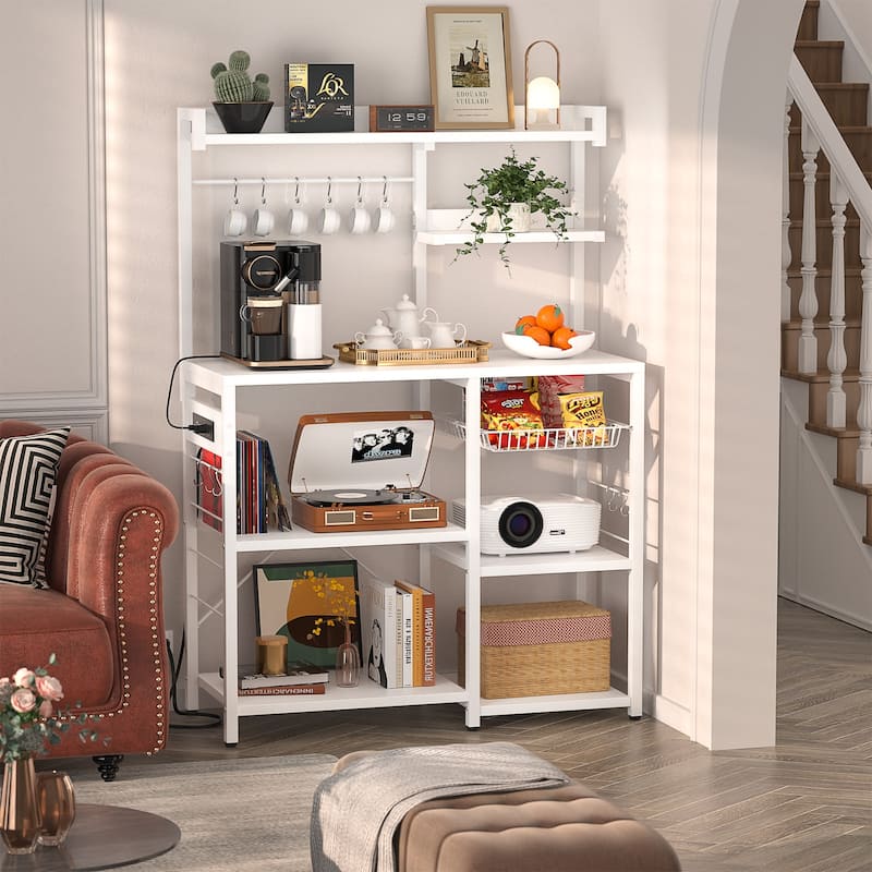 Bakers Rack with Power Outlet and LED Light Strings, Kitchen Storage Shelf - White