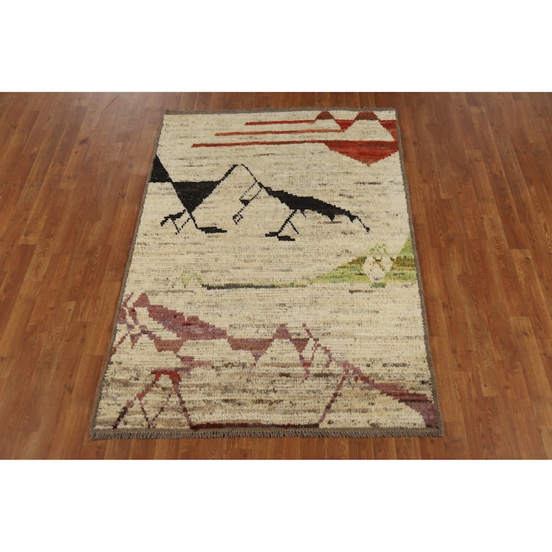 Moroccan Oriental Rug Hand-Knotted Geometric Wool Carpet - 4'2" x 5'11"