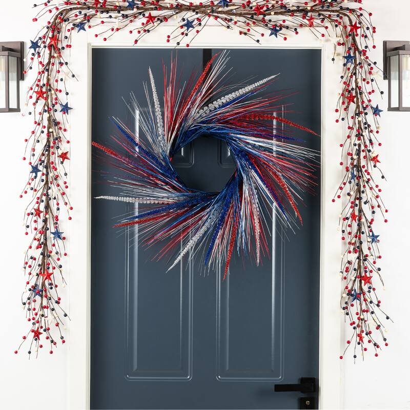 Glitzhome 24"D Patriotic/ Americana Tinsel and Heather Wreath