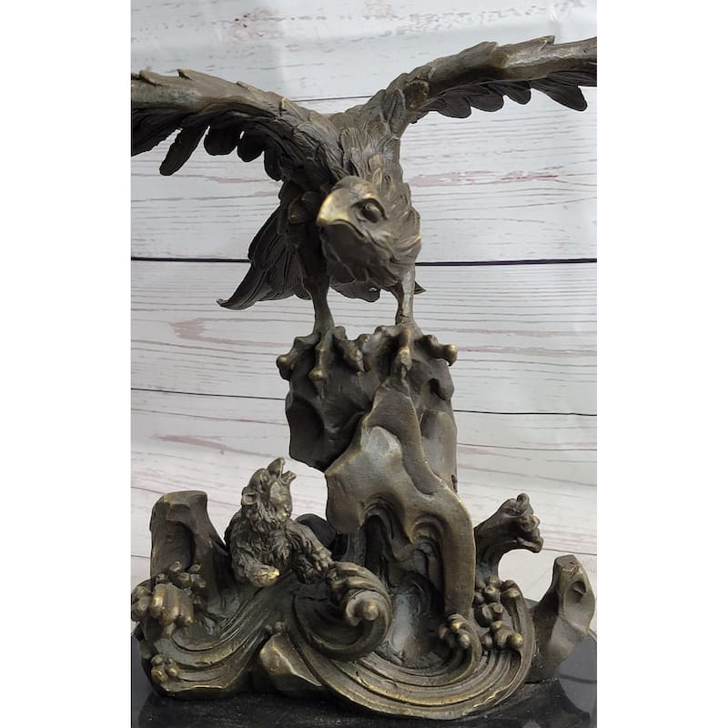 Eagle Landing On Waves Water Bronze Metal Statue Sculpture Figurine Decor Signed