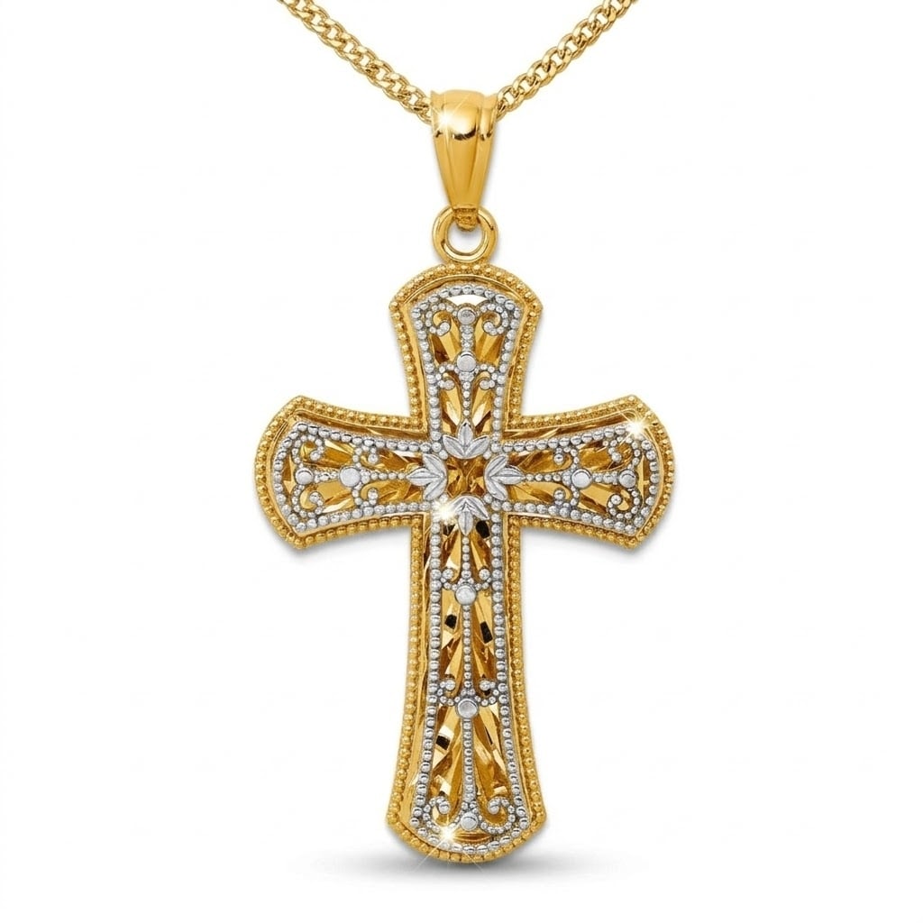 Curata 14k Two-tone Gold 18" 35x20mm 2 Level Ornate Cross Pendant Necklace