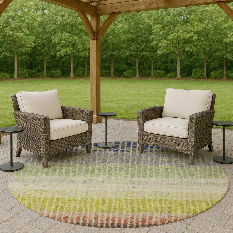 Machine Washable Indoor/ Outdoor Contemporary Stripes Chantille Rug - Olive - 8' x 8'